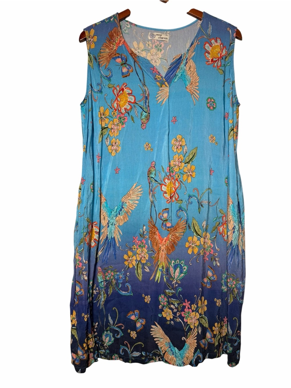Linen Silk Bird Print Blue Ombre Boho Midi Dress XL - Picture 3 of 11